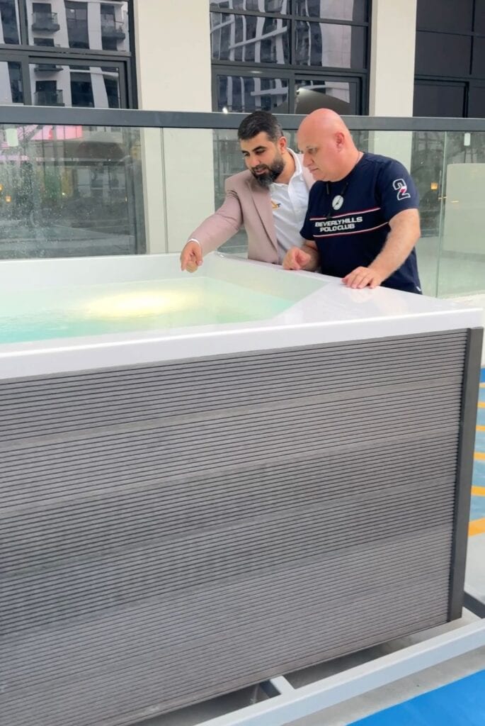 DANUBE Petalz Plunge Pools – Dubai, UAE 3 Inspecting a plunge pool for DANUBE PETALZ development inside MAT Plastic Industries Factory